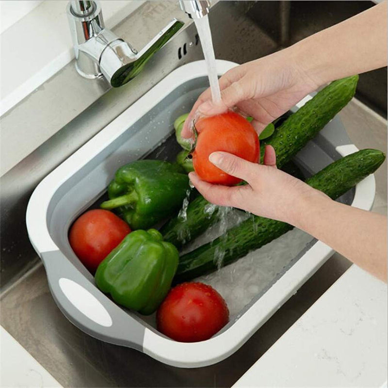 قطارة وسلة فواكه مع لوحة تقطيع الخضر 3في1 متعددة الاستعمالات في المطبخ | Passoire Fruits & Légumes Bac à Vaisselle avec Planche à Découper Pliante 3en1
